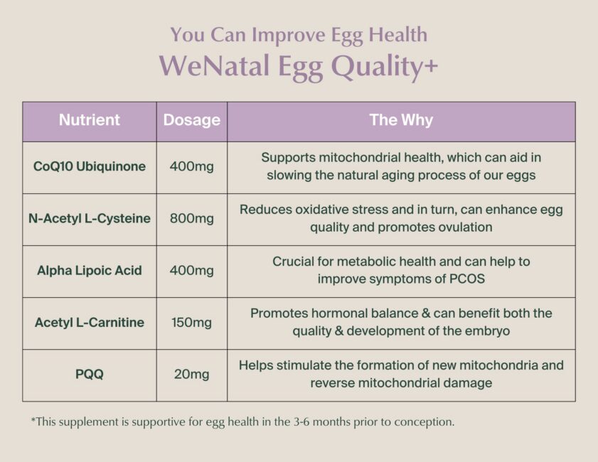 A table lists five nutrients, their dosages, and benefits for egg health, including CoQ10, N-Acetyl L-Cysteine, Alpha Lipoic Acid, Acetyl L-Carnitine, and PQQ.