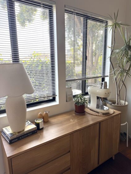 A wooden sideboard with a lamp, books, a potted plant, a mixer, and small decor sits by two large windows with blinds. A tall plant is in the corner. Sunlight filters in.
