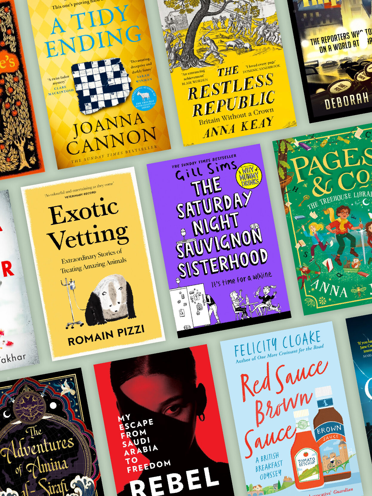 A variety of book covers in front of a green background. Found on Hive.