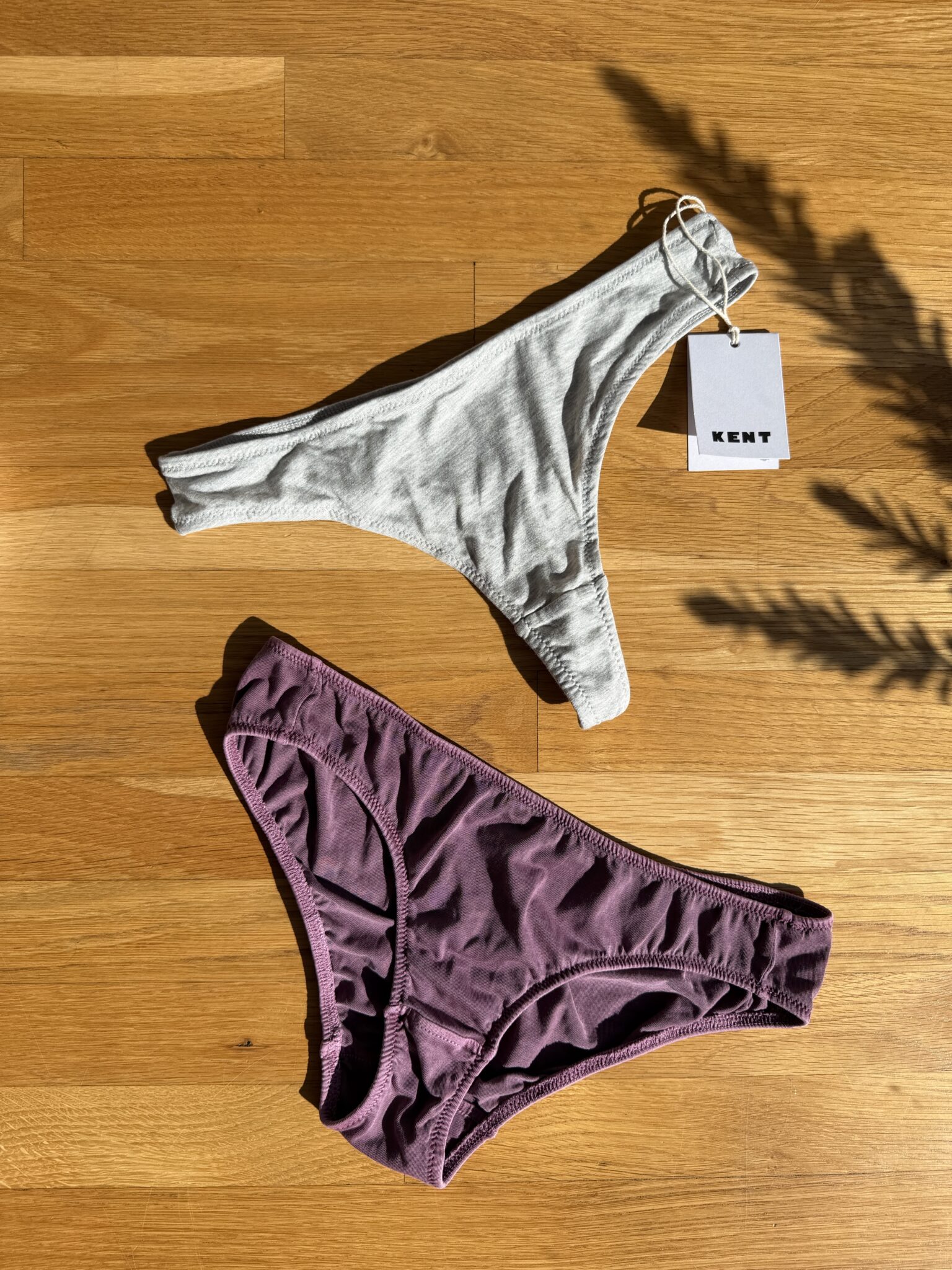 Two pairs of women's underwear, one light gray thong with a tag labeled "KENT" and one purple bikini style, are laid out on a wooden surface.