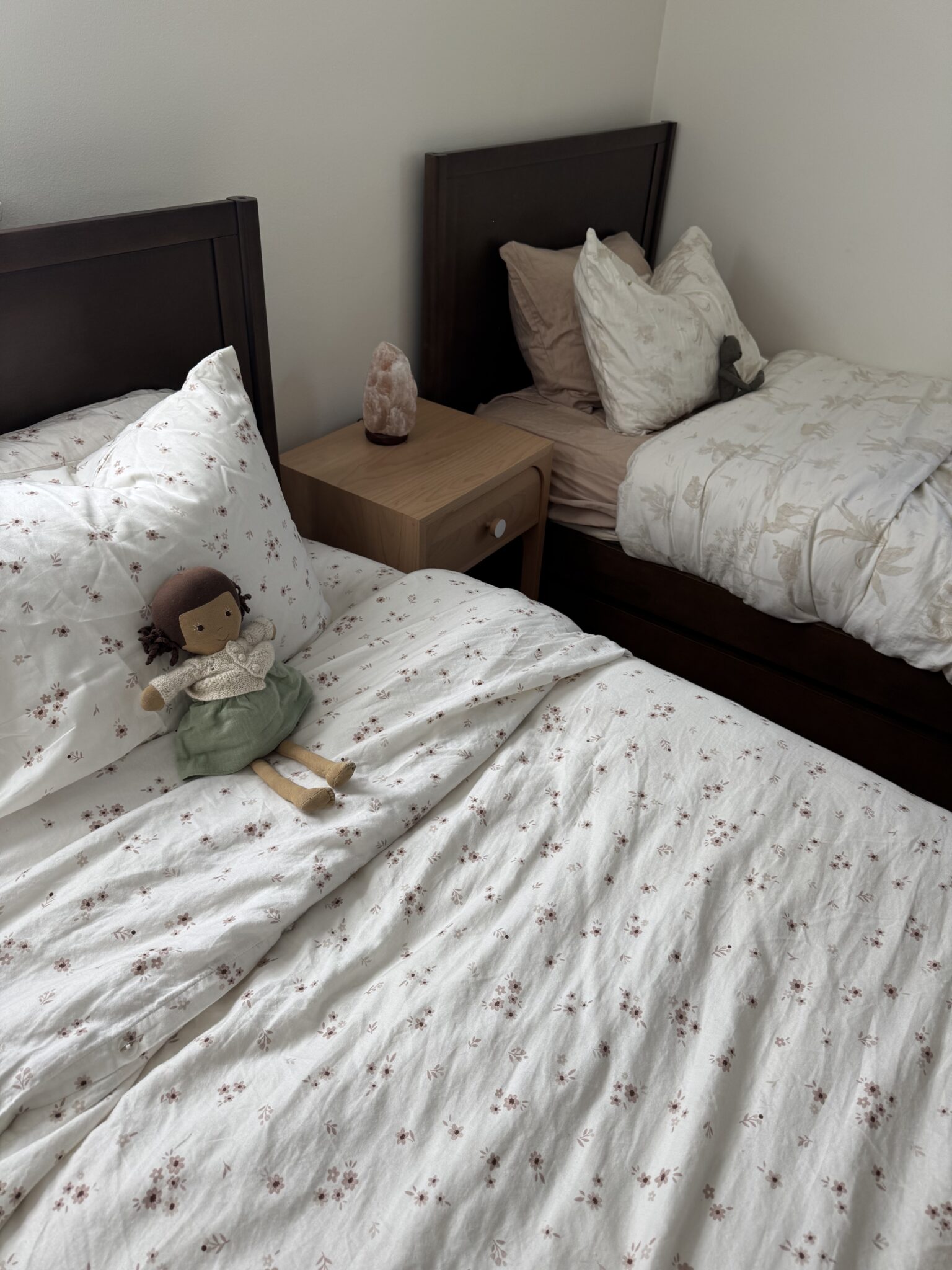 Two beds with floral-patterned bedding and pillows are separated by a small wooden nightstand with a pink crystal. A cloth doll sits on one bed; a gray stuffed animal is on the other.