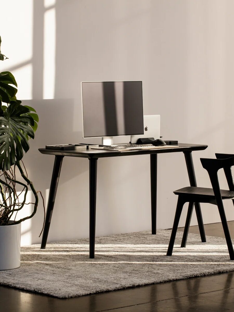Minimalist workspace with a black desk, monitor, keyboard, and chair on a light rug. Large potted plant stands to the left; sunlight streams through a window onto the floor.
