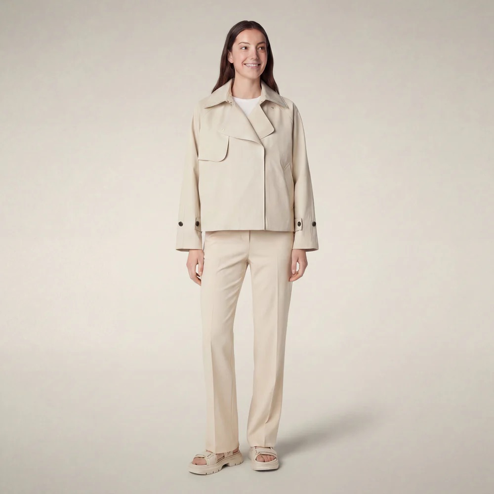 A woman stands facing forward, wearing a waterproof raincoat over beige trousers, a white top, and beige sandals against a neutral background.