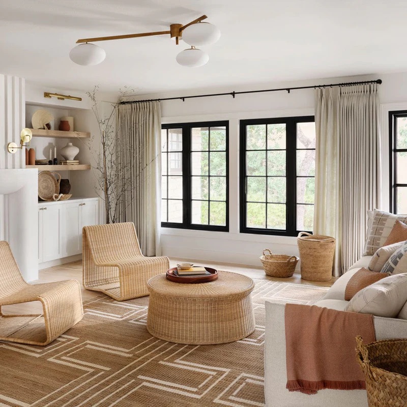 A living room with wicker chairs, round wicker table, patterned rug, and beige couch. Large windows, neutral curtains, and wall shelves with decor complete the space.