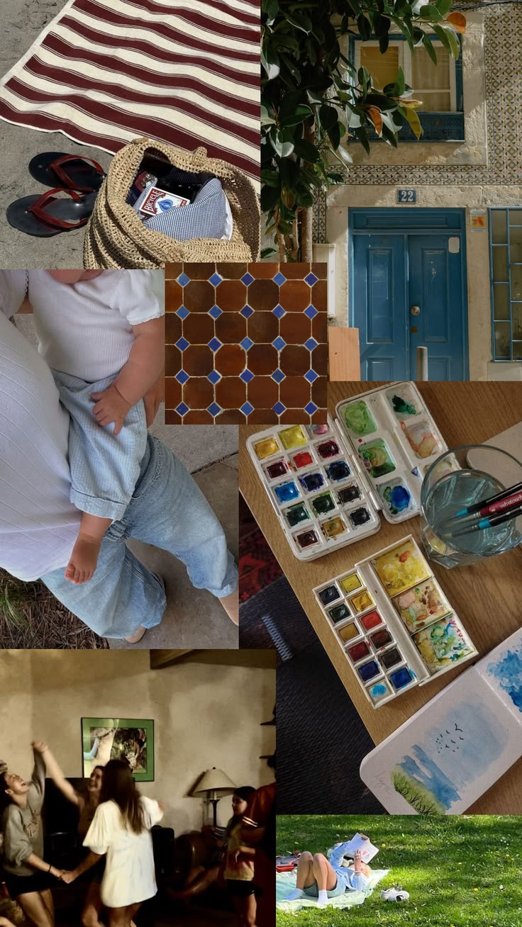 A collage featuring a striped towel, sandals, a blue door, a child being held, a paint palette, a group dancing indoors, and people relaxing on grass.