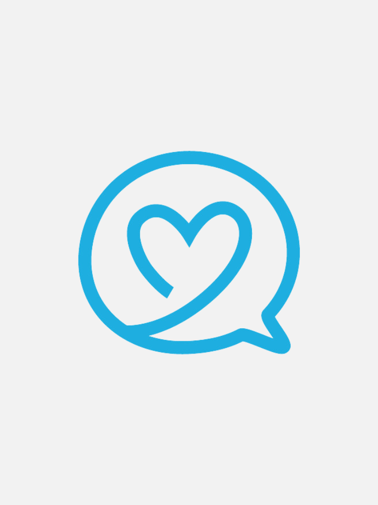A blue outline of a speech bubble with a heart shape inside on a white background.