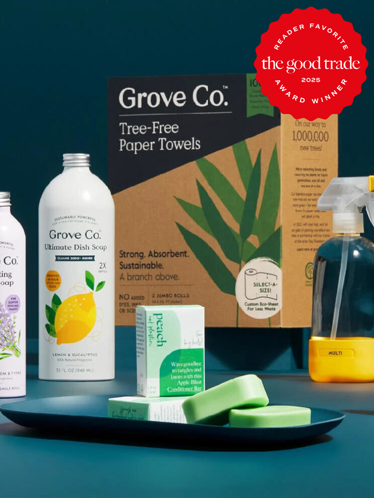A variety of cleaning products from Grove Co., including paper towels, dish soap, and cleaning spray, are displayed on a blue surface. A "Reader Favorite 2023" award badge is visible.