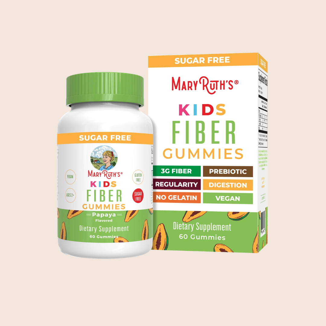 A bottle and box of MaryRuth's Kids Fiber Gummies, papaya flavor, sugar free, showing supplement details and benefits on the packaging.