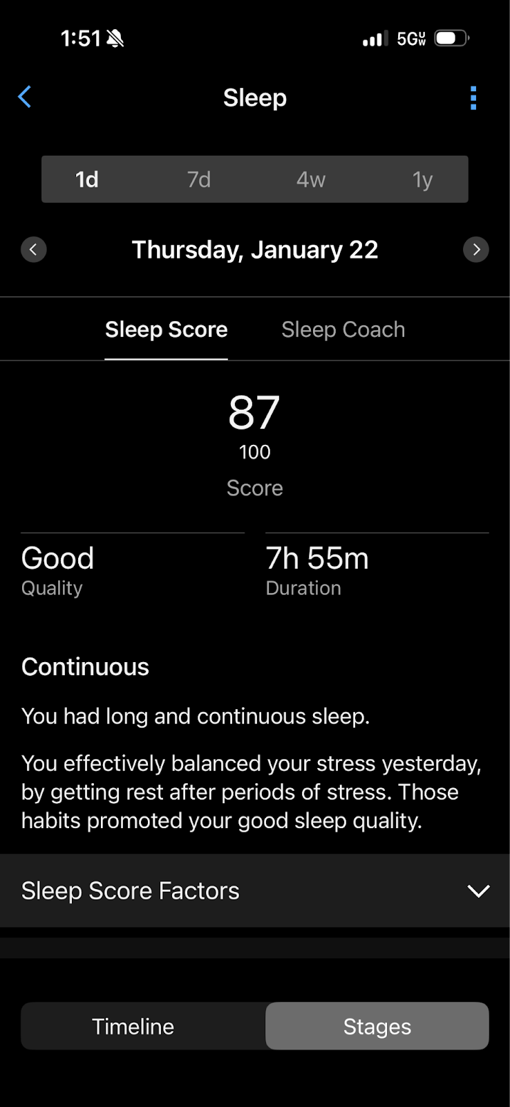 A smartphone sleep tracking app displays a sleep score of 87 out of 100 with a duration of 7 hours 55 minutes and rates the sleep quality as good.