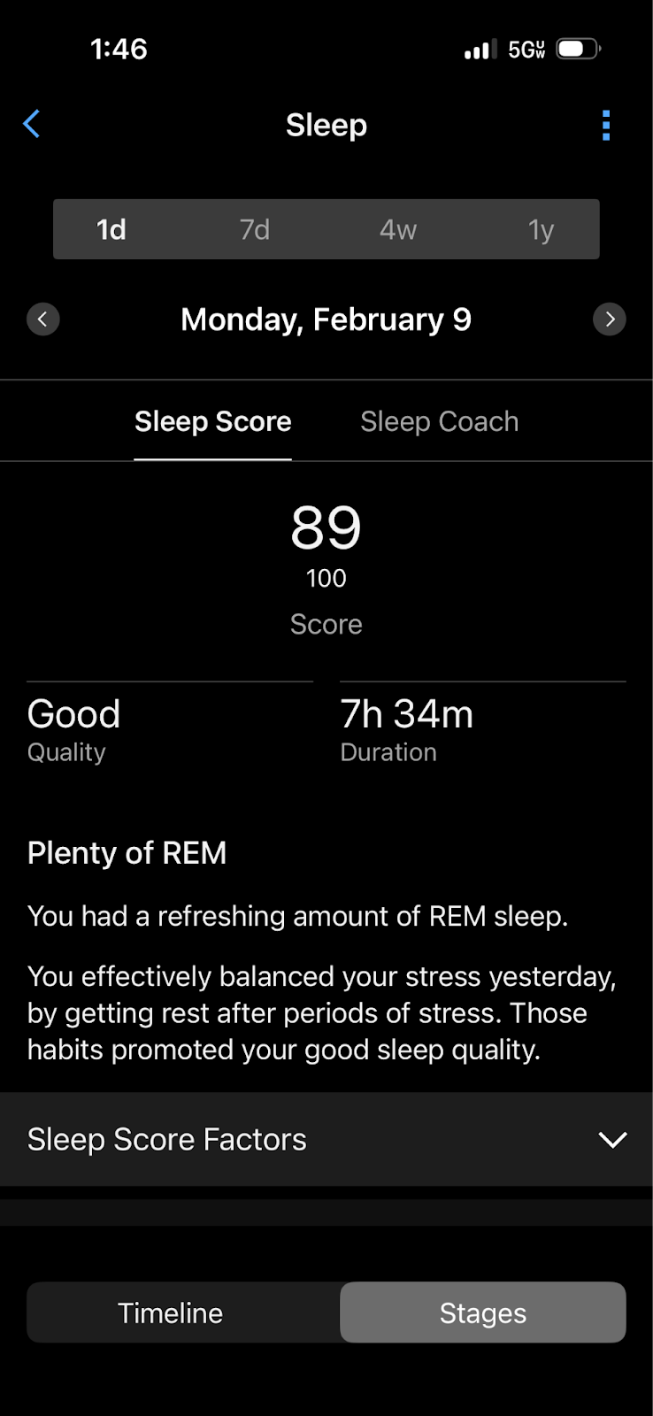 A sleep tracking app displays a score of 89 out of 100 for February 9, with 7 hours 34 minutes of sleep and a summary noting a good amount of REM and well-balanced rest.