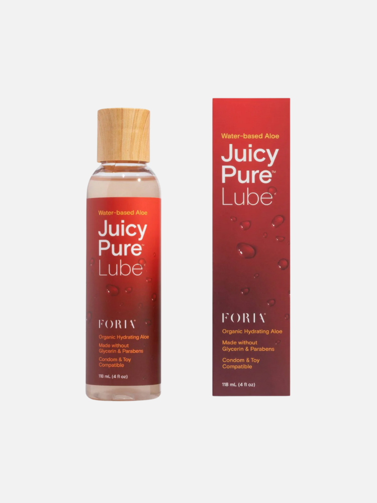 A bottle and box of Foria Juicy Pure Lube, a water-based organic hydrating aloe lubricant, shown upright on a white background.