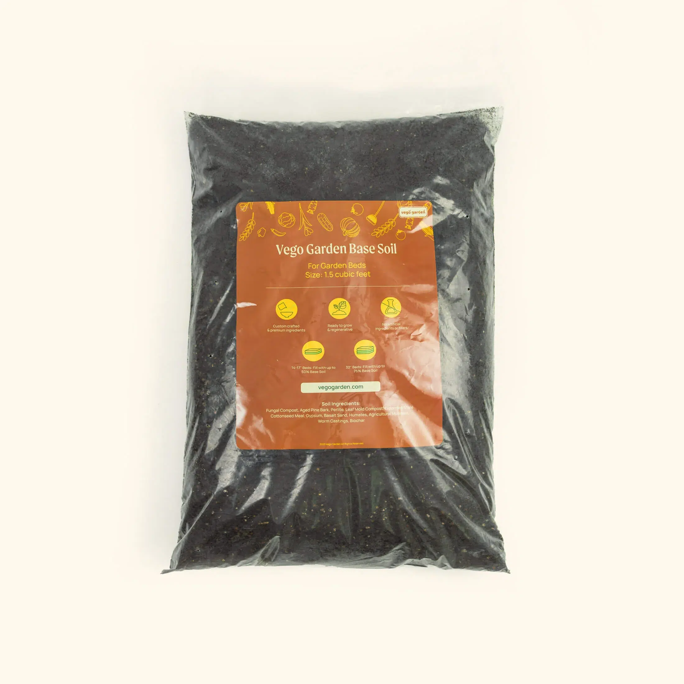 A sealed plastic bag of Vego Garden Base Soil with a brown label displaying product information, designed for eco beds.