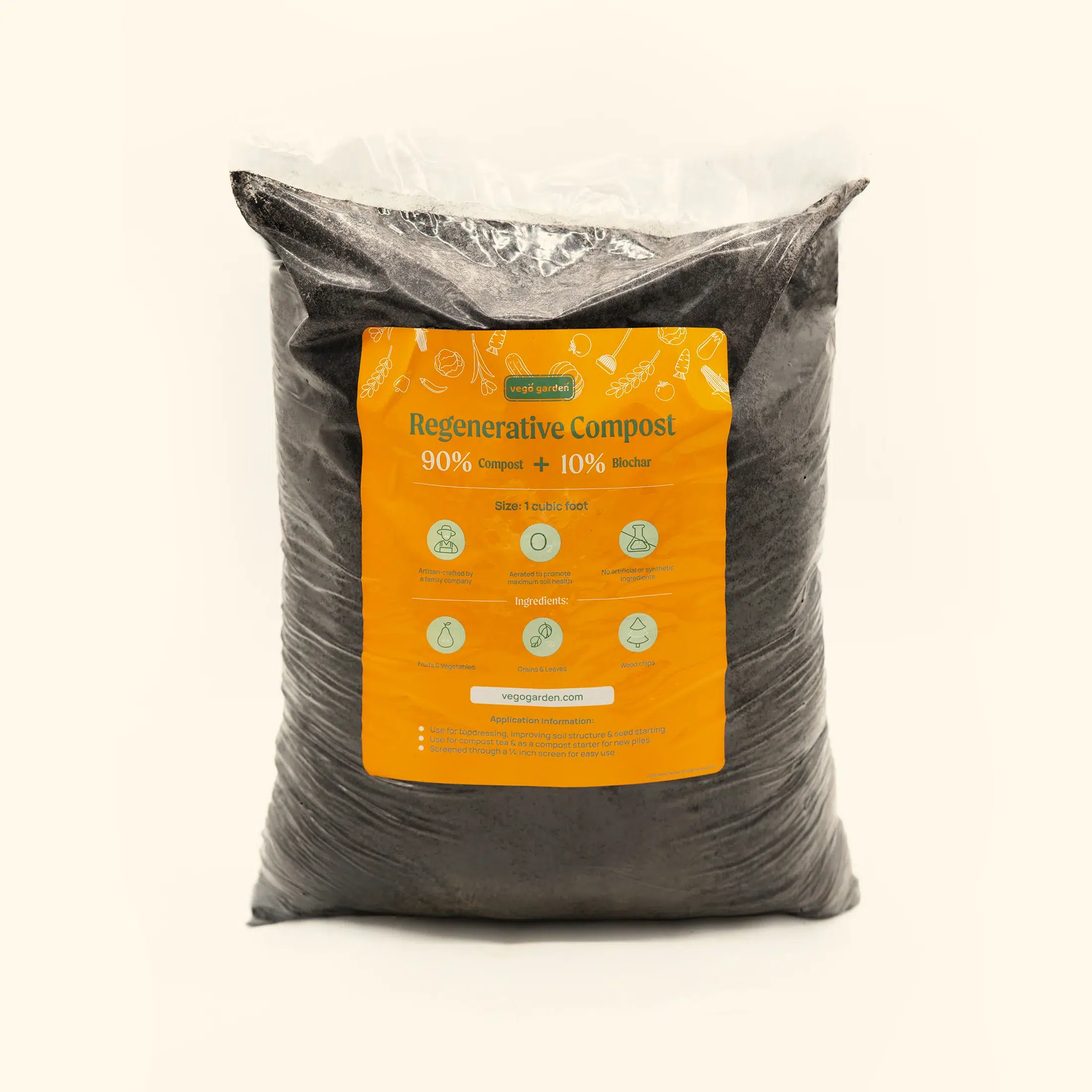 A sealed plastic bag labeled "Regenerative Compost" containing dark compost material sits on a plain background. The label highlights 90% compost and 10% biochar mix.